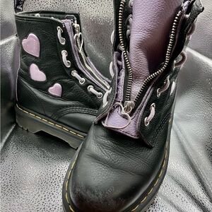 Dr. Martens Black Leather Boots with Lavender Hearts